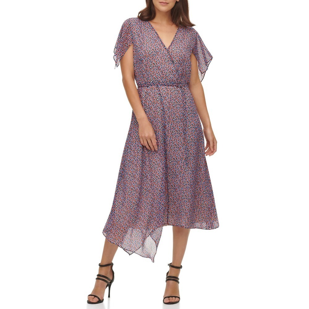 DKNY Short Sleeve Chiffon Midi Dress In Red Multi Print Size 8